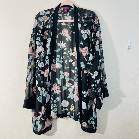 Vince Camuto Other - Vince Camuto Floral Sheer Kimono Cardigan Women Size XL Black/Pink Boho Vacay